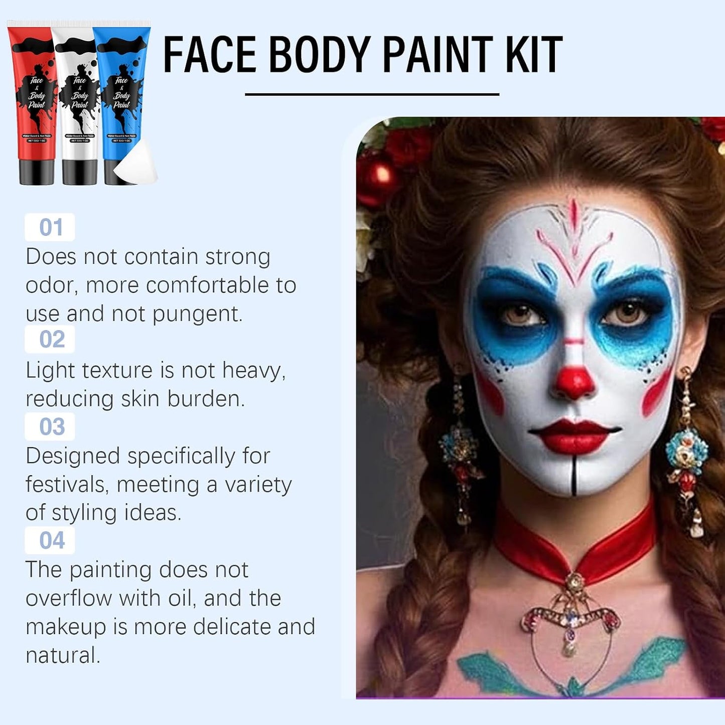 3PCS Blue White Red Face Body Paint Kit,Water Based Face Painting for Halloween SFX Makeup,Full-coverage Body Paint with sponges for Joker Clown Devil Spider-man Halloween Costume Cosplay
