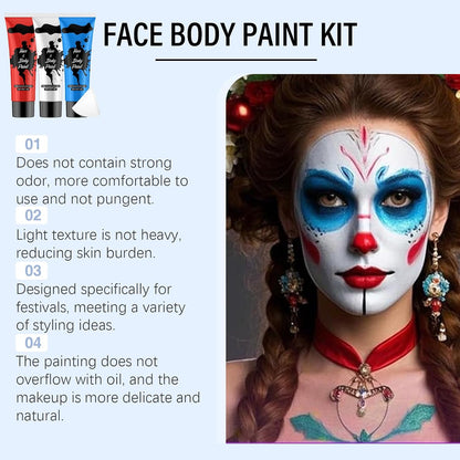 3PCS Blue White Red Face Body Paint Kit,Water Based Face Painting for Halloween SFX Makeup,Full-coverage Body Paint with sponges for Joker Clown Devil Spider-man Halloween Costume Cosplay