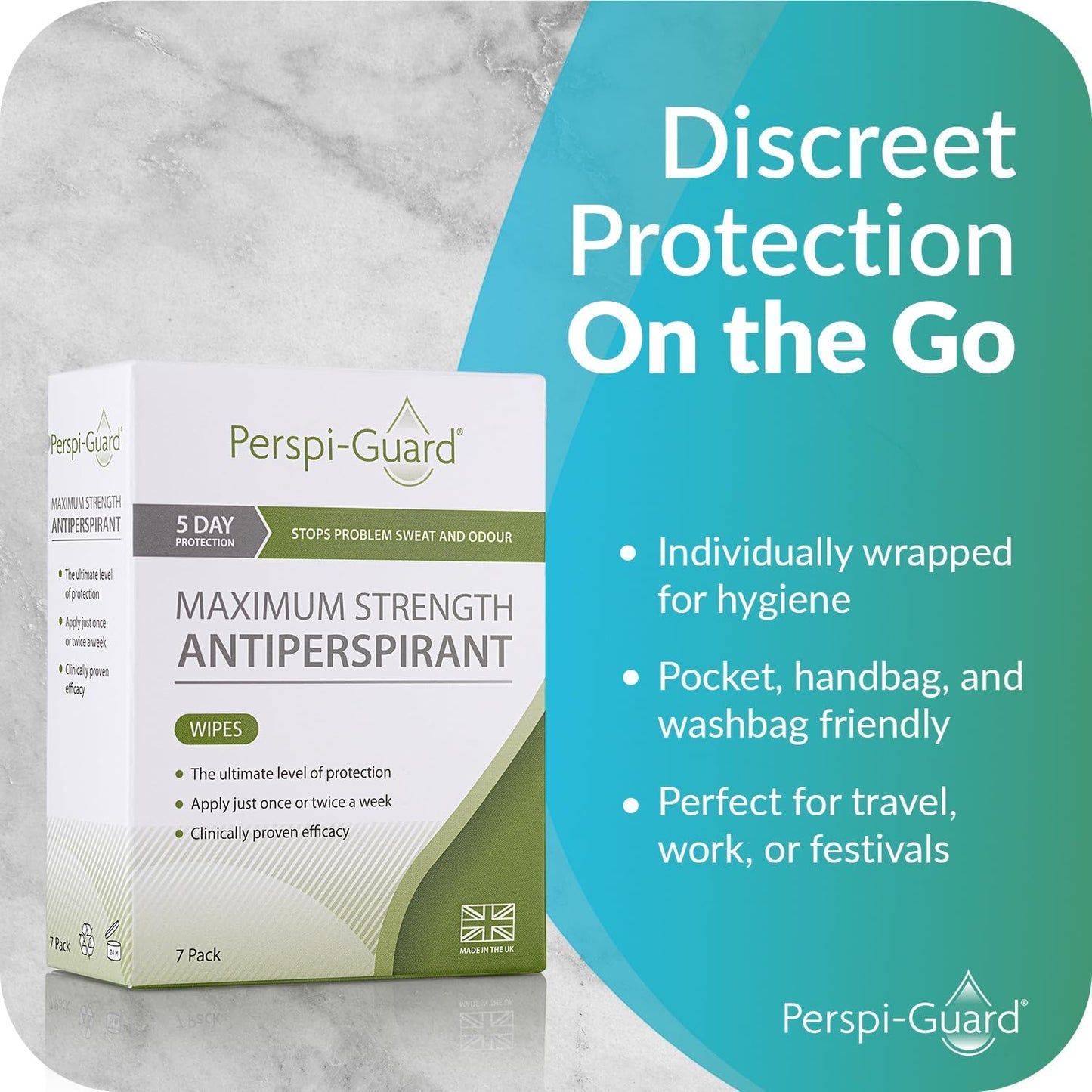 Perspi-Guard Max Strength Antiperspirant Body Wipes for Adults, 7 Individual Travel Wipes for Women &amp; Men, Travel Essentials, 1-Pack