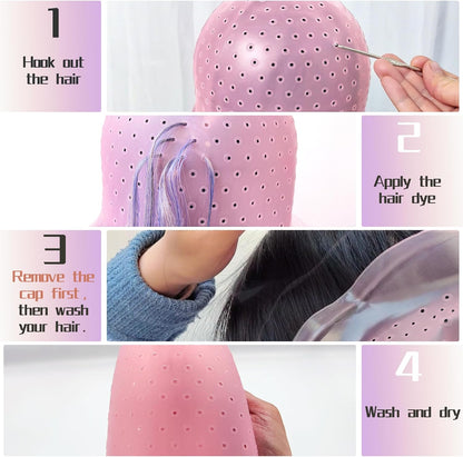Pre Punched Holes Silicone Highlighting cap Hair Color Kit Professional Reusable Highlighting Cap with Hook Brushes Set Salon Hairdressing Dyeing Staining Tools for Women Men