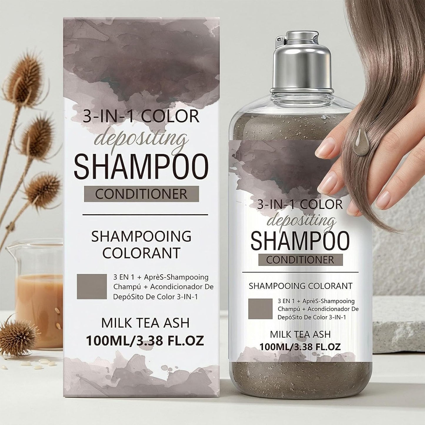 3-in-1 Hair Colour Shampoo, Herbal Shampoo with Milk Tea Ase Colour, Fast-Acting Formula, Semi-Permanent Grey Coverage, For Smooths And Beautiful Hair, Restores Shine(1)
