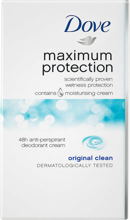 Dove Maximum Protection Original Clean Anti-perspirant Cream Stick with ¼ moisturising cream our most effective deodorant 3x 45 ml