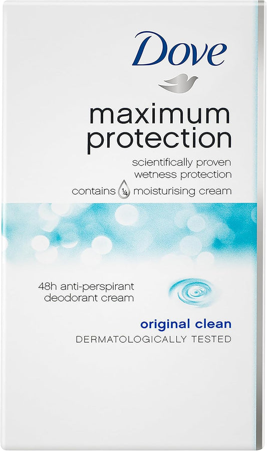 Dove Maximum Protection Original Clean Anti-perspirant Cream Stick with ¼ moisturising cream our most effective deodorant 3x 45 ml