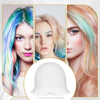 Punched Hole Silicone Highlight Hair Cap with Needle, Reusable Highlight Hat with Hook, Hairdressing Dyeing Staining Tools Kit, Prepunched Highlights Cap for Hair Salon