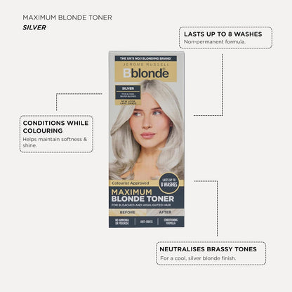 Jerome Russell Bblonde Maximum Blonde SILVER Toner | 75ml | Violet Pigments | Neutralises Yellow &amp; Brassy Tones | Cool Silver Blonde Results | Non-Permanent | Vegan Formula