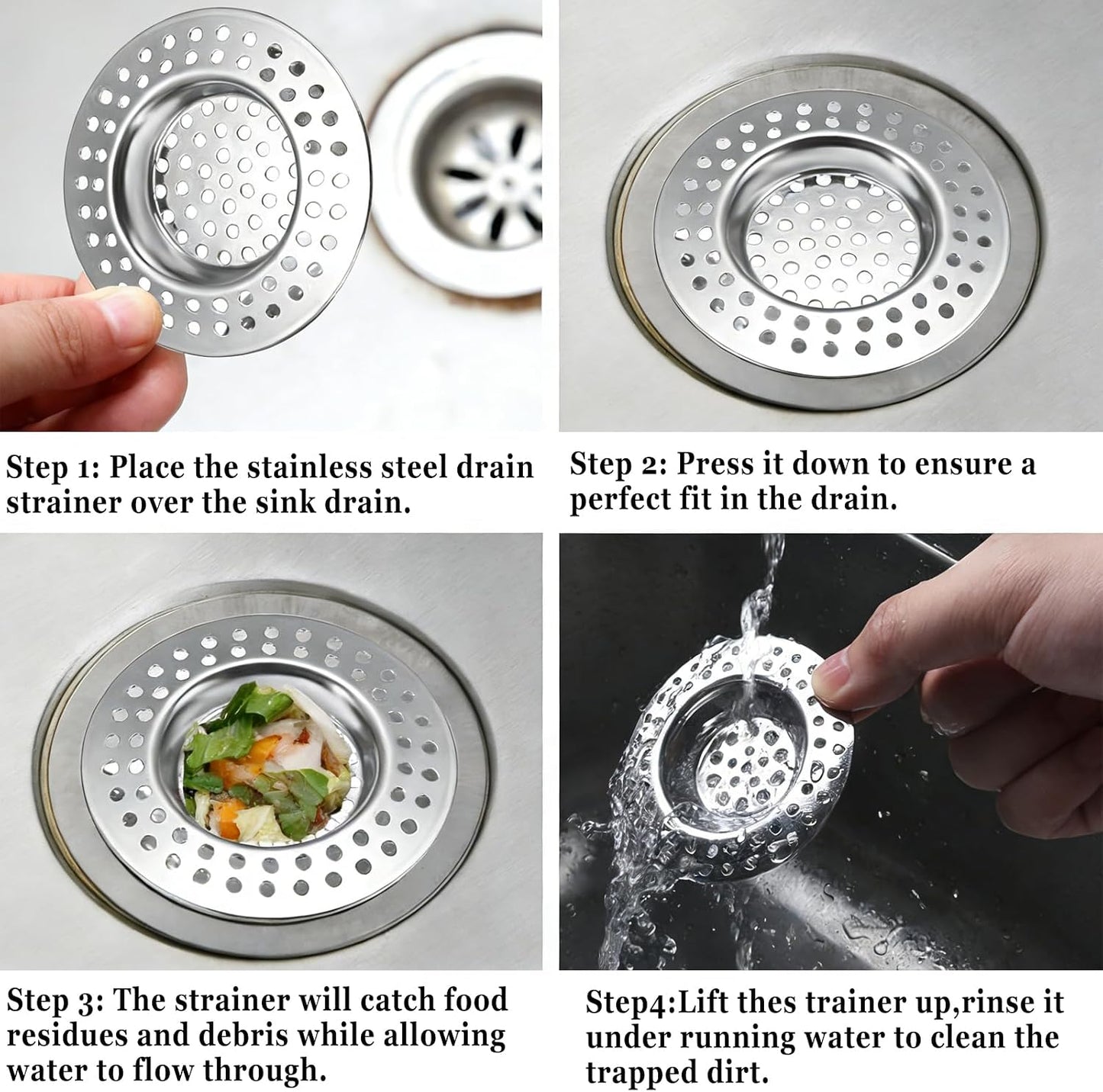 Stainless Steel Kitchen Sink Strainer Plug, Standard Strainer Drain Protector Hair/Food Catcher for Bathroom, Kitchen, Shower (External Diameter 7.6cm, Inner Diameter 4.5cm, Pack of 2)