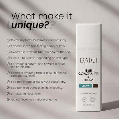 Batcı Hair Concealer &amp; Filling Cream for Bald Spots &amp; Thinning Hair – Waterproof, Sweat-Proof Scalp Coverage – Natural Root Touch-Up Cream for Men &amp; Women – 30ml
