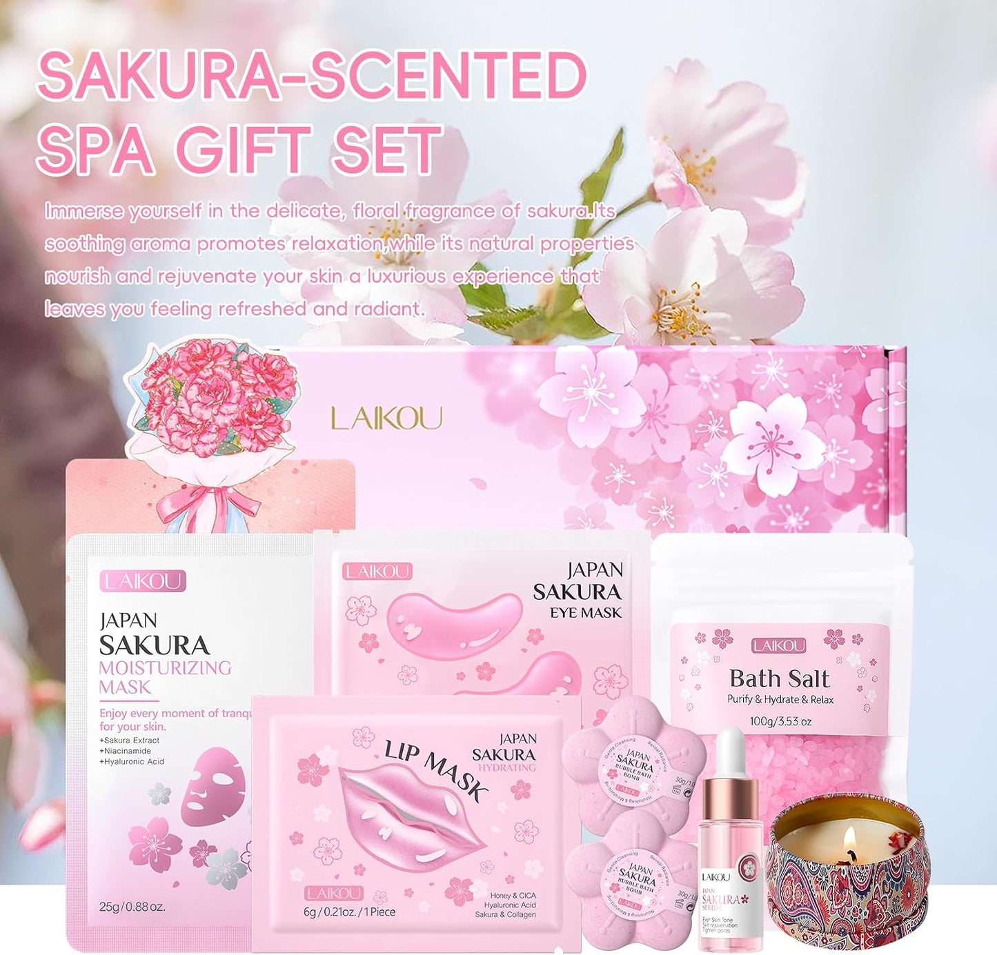 LAIKOU Sakura Pamper Gifts for Women, 8PCS Luxury Skincare Set, Face Serum, Masks, Scented Candle, Bath Bomb &amp; Salt, Unique Self Care Package, Mothers Day Birthday Gift for Her Friend Sister Mum Wife