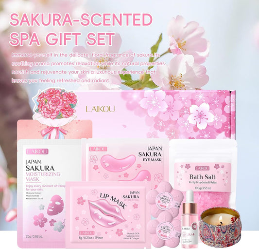 LAIKOU Sakura Pamper Gifts for Women, 8PCS Luxury Skincare Set, Face Serum, Masks, Scented Candle, Bath Bomb &amp; Salt, Unique Self Care Package, Mothers Day Birthday Gift for Her Friend Sister Mum Wife