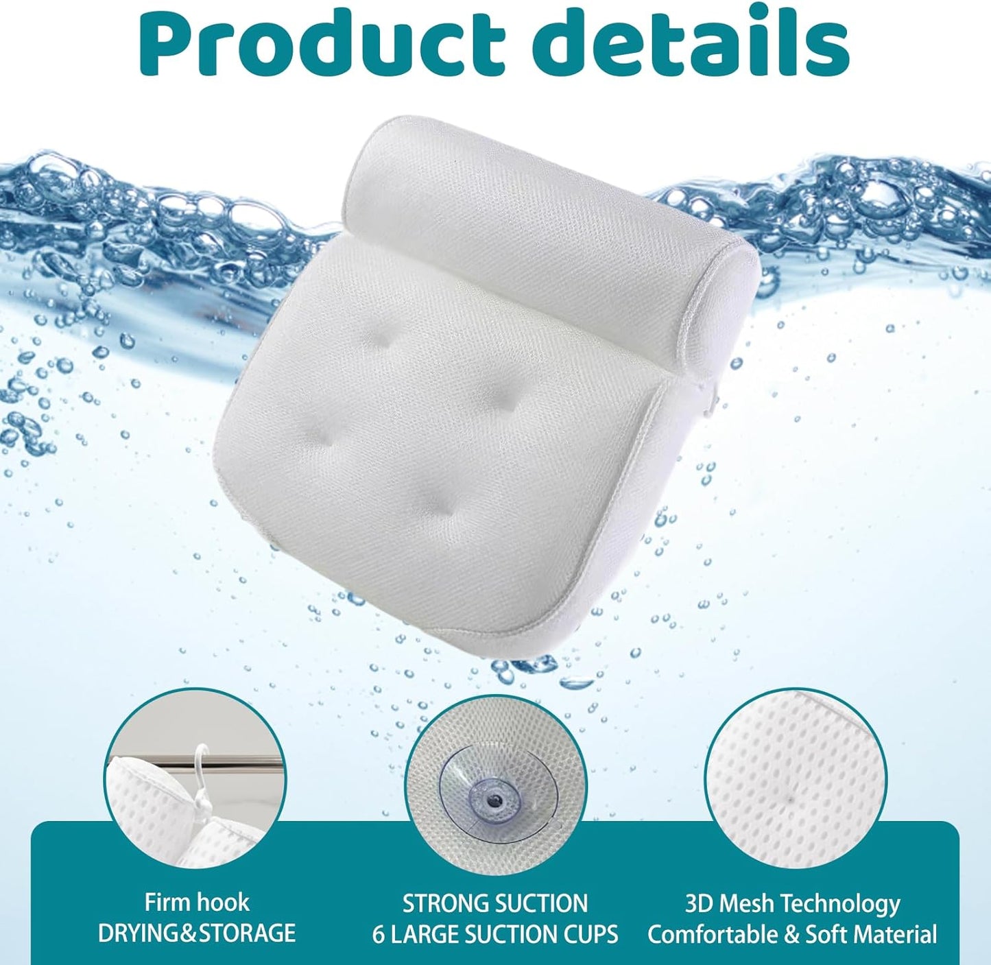 Bath Pillows for Head and Neck, Waterproof Bath Cushion with 6 Suction Cups, Soft Bathtub Pillow for Relaxing Bath, Fits Most Bathtubs (33x30x8.5 cm)