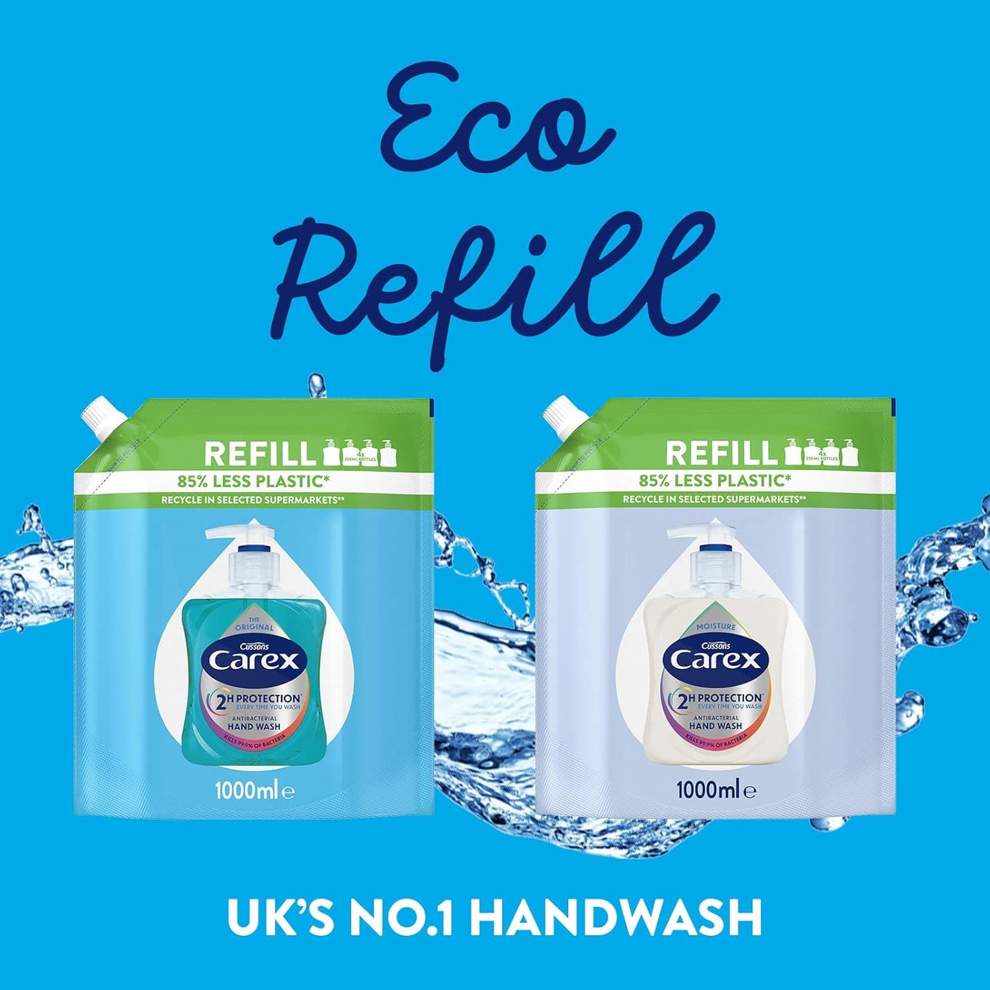 Carex 2 Hour Protection Antibacterial Moisture Hand Wash Refills, Liquid Hand Soap Eco Refill for Homes &amp; Businesses, Caring Hand Wash, Bulk Buy, Pack of 3 x 1 litre
