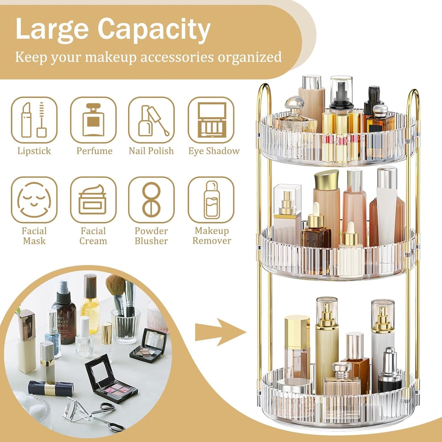 MOKANI 360 Rotating Makeup Organiser, 3 Tiers Spinning Skincare Organiser, Multi-Function Make Up Storage, Large Capacity Cosmetic Perfume Stand for Vanity, Bathroom and Bedroom
