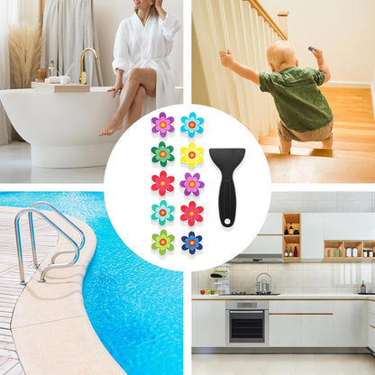 Amabro Colorful Sunflower Anti Slip Bathtub Strips, 10PCS Adhesive Shower Sticker for Bathtub Non-Slip Strip Stickers Anti Skid Tape Flooring Safety Tape Mat with Scraper for Bath Shower