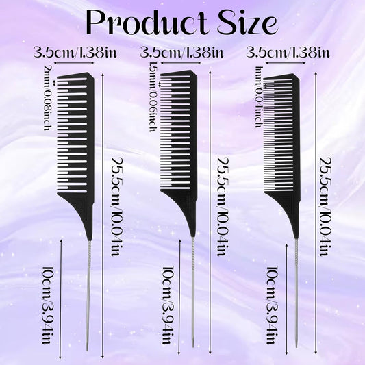 3Pcs Highlighting Comb Professional Hair Dye Combs 3 Sizes Highlight Comb Weaving Combs with Long Stainless Steel Rat Tail for Home and Salon(Black)