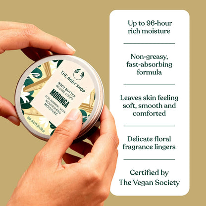 The Body Shop Moringa Body Butter (1x 200ml), Rich Nourishing Body Cream for Dry Skin, 96H Moisturising Body Butter, Floral Scented Butter for Softer Skin, Ultra-Hydrating Vegan Skincare