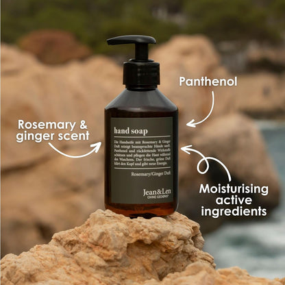 Jean &amp; Len hand soap Rosemary &amp; Ginger, cleanses stressed hands, for daily use, liquid soap in refillable pump dispenser, without parabens &amp; silicones, 250 ml