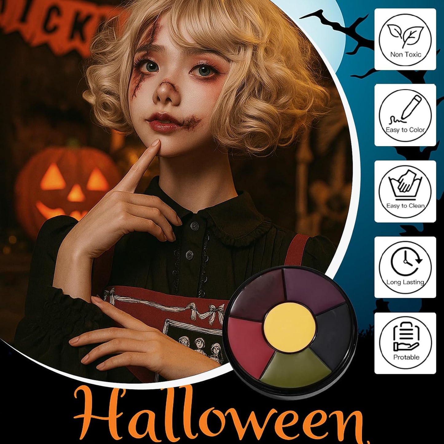 6 Color SFX Bruise Wheel – Professional Halloween Face Paint Kit, Non-Toxic Oil-Based Makeup with Fake Blood, Zombie &amp; Injury Special Effects Palette for Cosplay &amp; Festivals