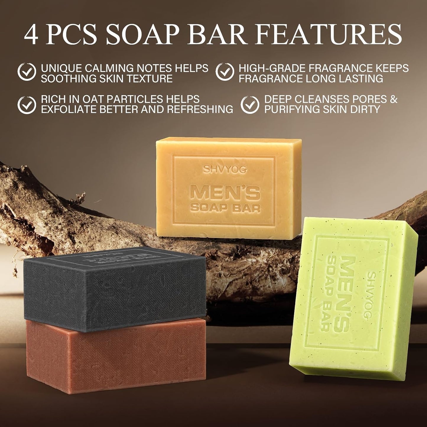 4 Pcs Natural Men`s Soap, SHVYOG Men`s Bar Soap, Handmade Exfoliating, Deep Cleansing, Refreshing, Moisturizing Bar for Body &amp; Face - Sandalwood Amber, Mint, Charcoal, Turmeric, 600g