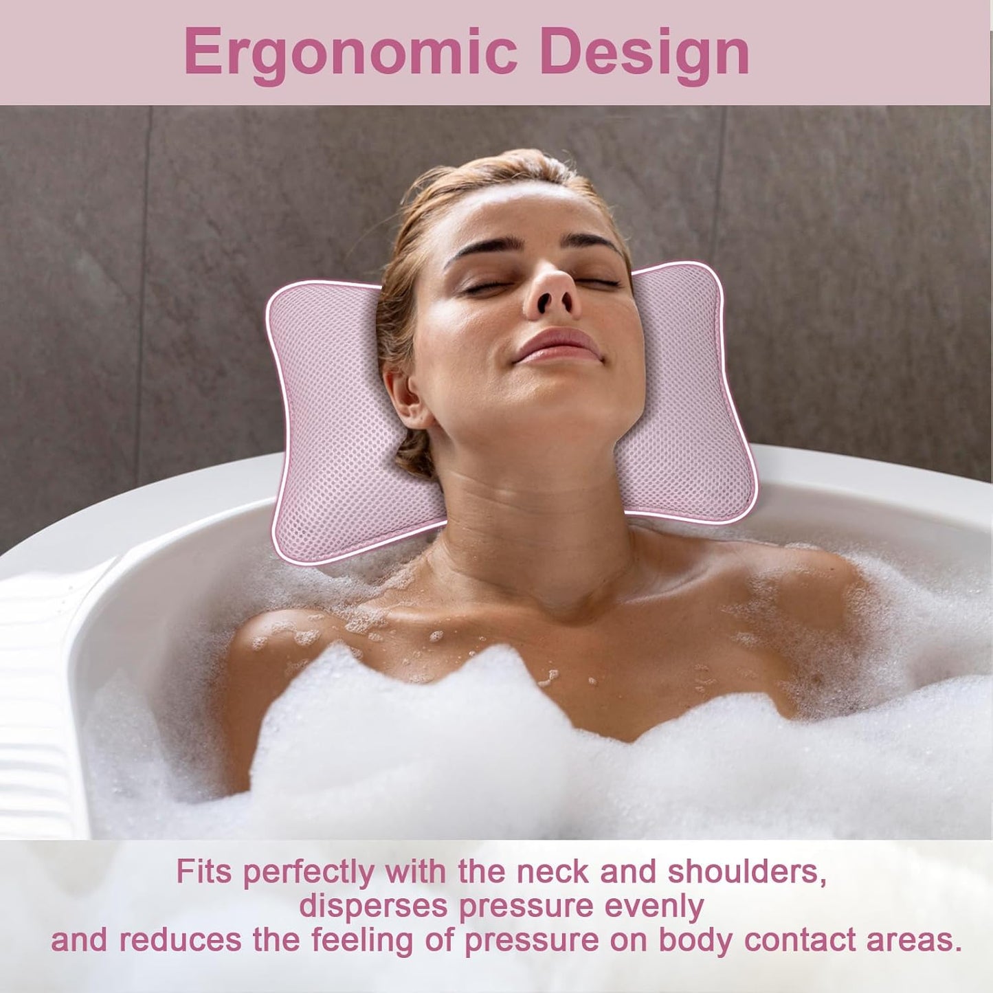 3D Bath Pillow for Bathtub - Breathable Mesh Tub Pillow for Head and Neck, Rectangular BathPillow with 2 Strong Suction Cups, Ergonomic Luxury Bath Pillow for Optimal Neck Relaxation(Pink)
