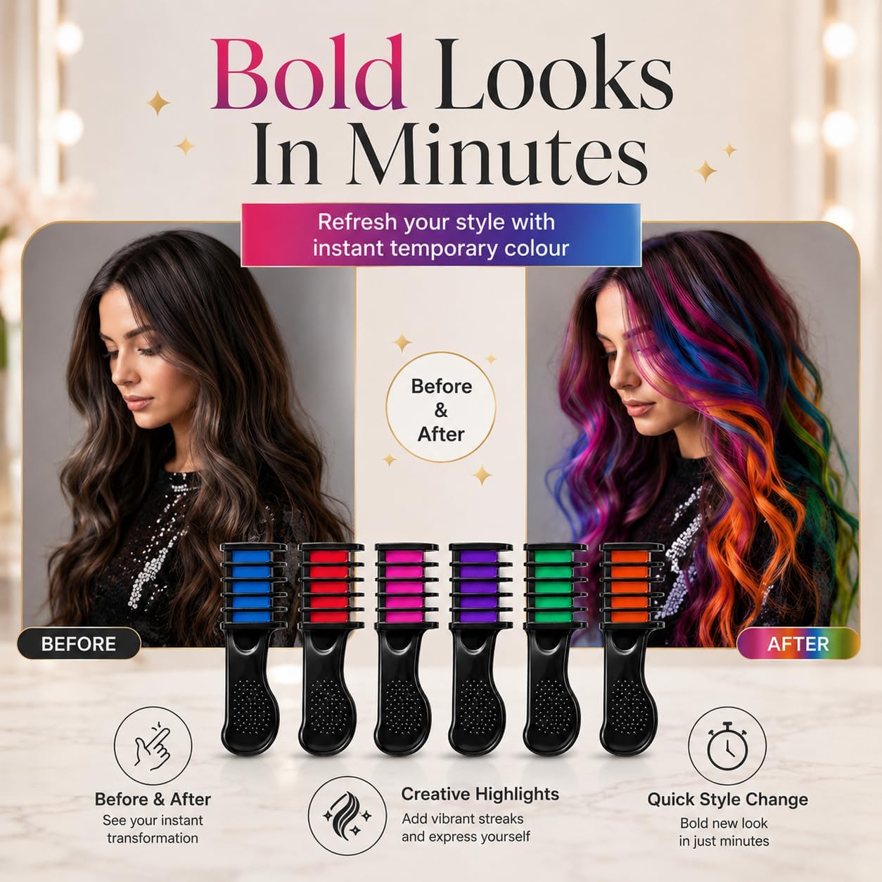 6PK Hair Colour Combs - Instant Temporary Hair Colour Brushes for Wet &amp; Dry Hair - Perfect for Festivals, Parties, Weddings (PACK OF 6)
