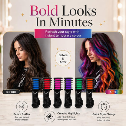 6PK Hair Colour Combs - Instant Temporary Hair Colour Brushes for Wet &amp; Dry Hair - Perfect for Festivals, Parties, Weddings (PACK OF 6)