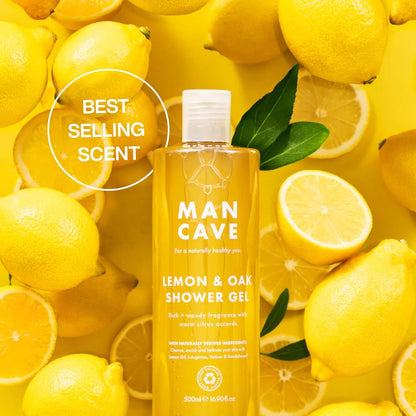 Mancave Men's Ultra-Premium Shower Gel Fragrance Gift Set, 4 x 500ml Natural Sulphate Free Shower Gels: Wild Mint, Lemon &amp; Oak, Cedarwood and Sea Salt fragrances, Vegan Friendly, Packaging May Vary