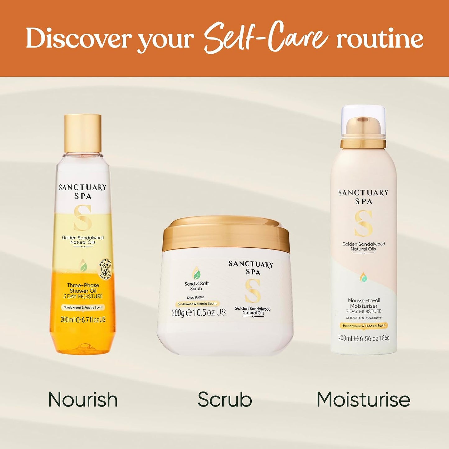 Sanctuary Spa Golden Sandalwood Mousse to Oil Moisturiser, 7 Day Moisture, With Coconut Oil &amp; Shea Butter, Mineral Oil Free, Cruelty Free &amp; Vegan, 200ml