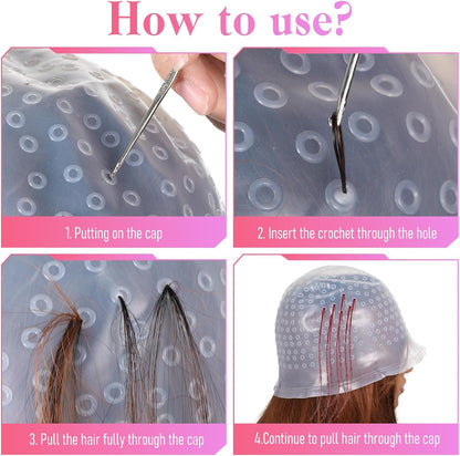 Silicone Highlight Hair Cap Color Set Professional Reusable Highlighting Cap with Needle Brushes Salon Hairdressing Dyeing Staining Tools for Women Men