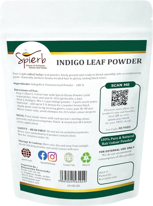 Spierb Indigo Powder for Hair (250 g) | 100 % Pure Indigofera tinctoria Powder | Natural Indigo Hair Dye for Deep Blue → Jet Black Shades | Plant‑Based Alternative to Chemical Black Hair Dye