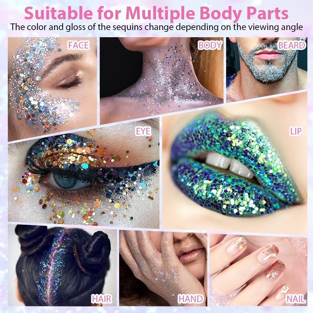 Body Glitter Gel, 12 Colours Face Glitter, Mermaid Sequins Hair Glitter, Chunky Glitters Sparkling Gel for Face, Eye, Body, Hair, Festival Party Makeup Decoration (Style B)