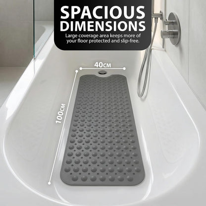 ZENO Bath Mat 100x40cm | Non-Slip Anti-Mould | 200 Suction Cups with Drain Holes | Large Rubber | Machine Washable &amp; Durable | Grey