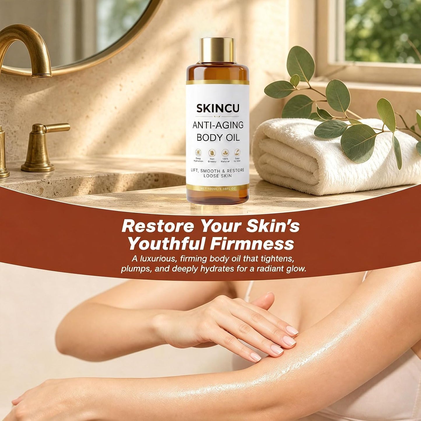 Skincu Anti-Aging Body Oil, 2026 Skincu Glow Remedy Oil Skin Tightening, 100% Plant-Based Formula, Lightweight Non Greasy Moisturising 100ML (1 bottle)