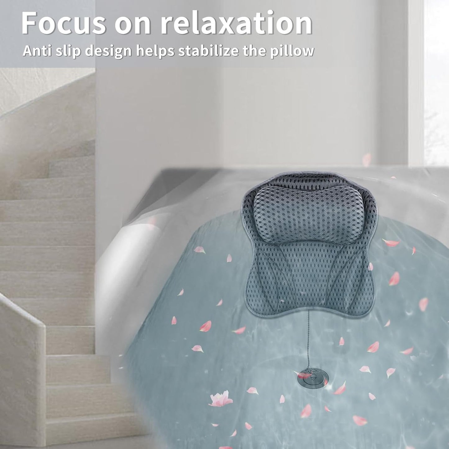 Bath Pillow, 4D Bath Pillows Spa Headrest with 6 Non-Slip Suction Cups for Neck, Back, and Shoulders, Quick-Drying Bath Accessories for Home Relaxation (GRAY)