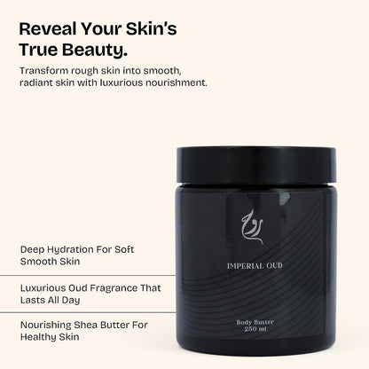 ROUH Imperial Oud Body Butter for Men and Women – Luxurious Moisturiser with Shea Butter and Oud, Musk, and Leather – Hydrating Skincare for Soft, Moisturised Skin – All Skin Types (Imperial Oud)
