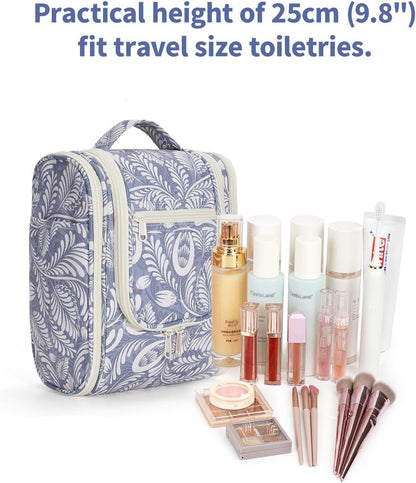 Narwey Hanging Toiletry Bag, Wash Bag Women, Travel Toiletry Bags for Women, Toiletries Bag Washbag Makeup Cosmetic Organiser for Holiday Essentials Accessories (Blue Leaf (Small))