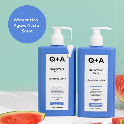 Q+A Salicylic Acid Smoothing Body Lotion (250ml), Body Moisturiser with Watermelon &amp; Agave Scent, Body Butter Alternative, Smooths Rough Bumpy Skin, Clears Blemishes &amp; Uneven Texture