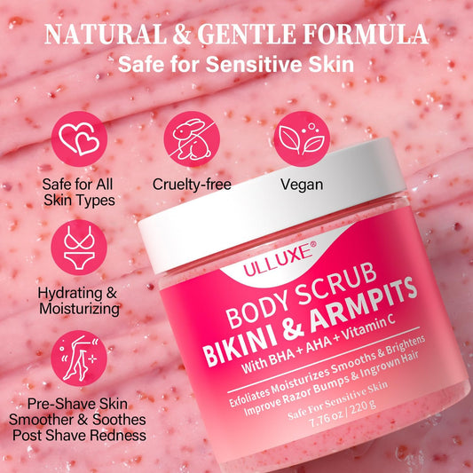Bikini Exfoliating Scrub with 10% AHA + BHA &amp; Vitamin C, Exfoliating Body Scrub for Ingrown Hair and Underarm Bumps, Dark Spots, Moisturize Brighten Soothe &amp; Even Skin Tone, Sensitive Skin Safe,220g