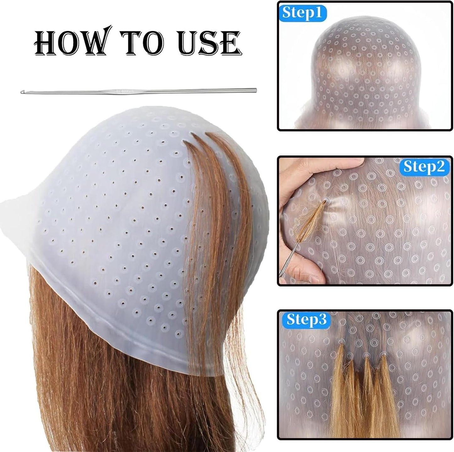 11Pcs Highlight Kit Silicone Highlight Cap Kit with Hair Coloring Brushes and Needle for Salon Silicone Hairdressing Tools for Women Men