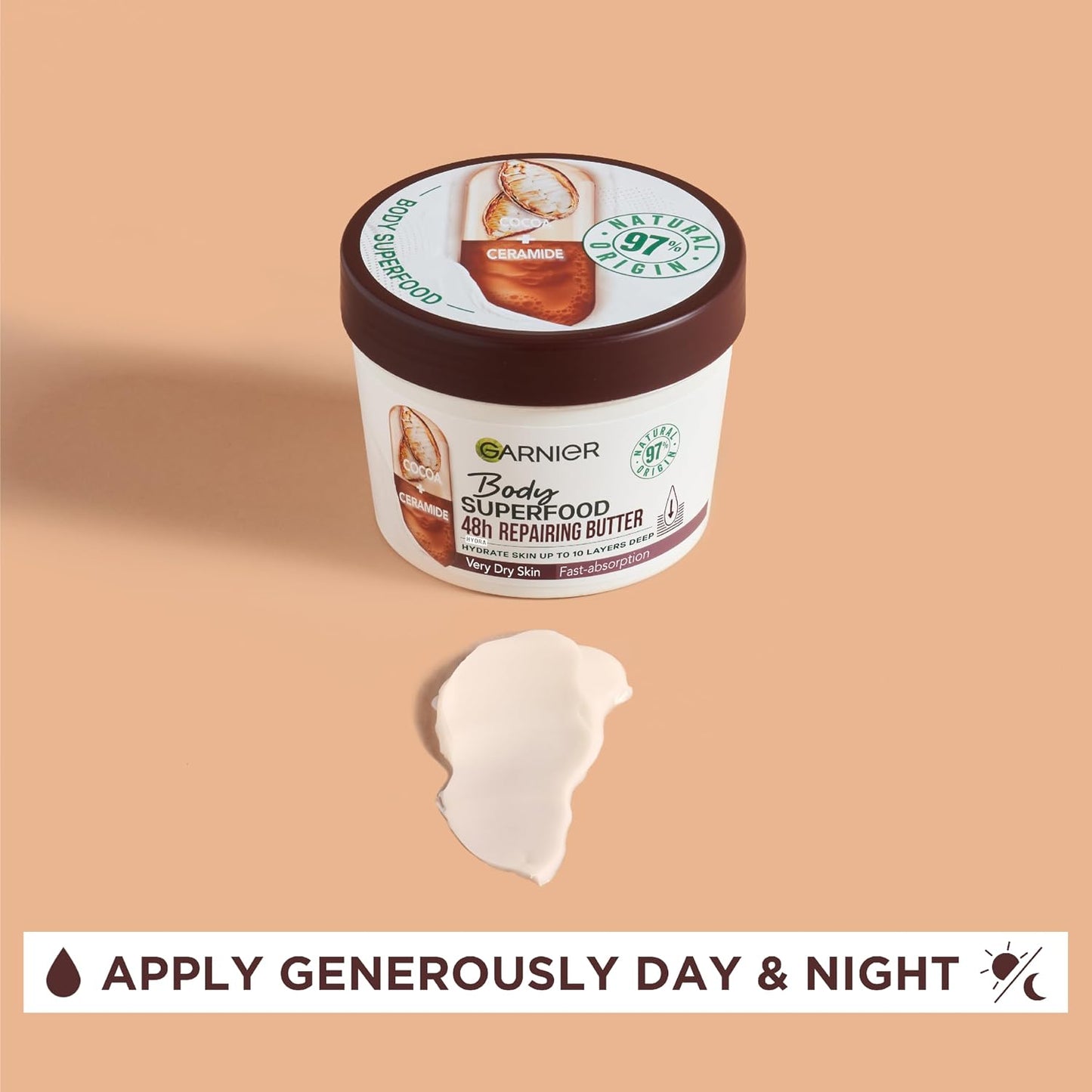 Garnier Body Superfood, Repairing Body Butter, With Cocoa &amp; Ceramide, Body Butter for Very Dry Skin, Vegan Formula, Approved by Cruelty Free International, 300ml