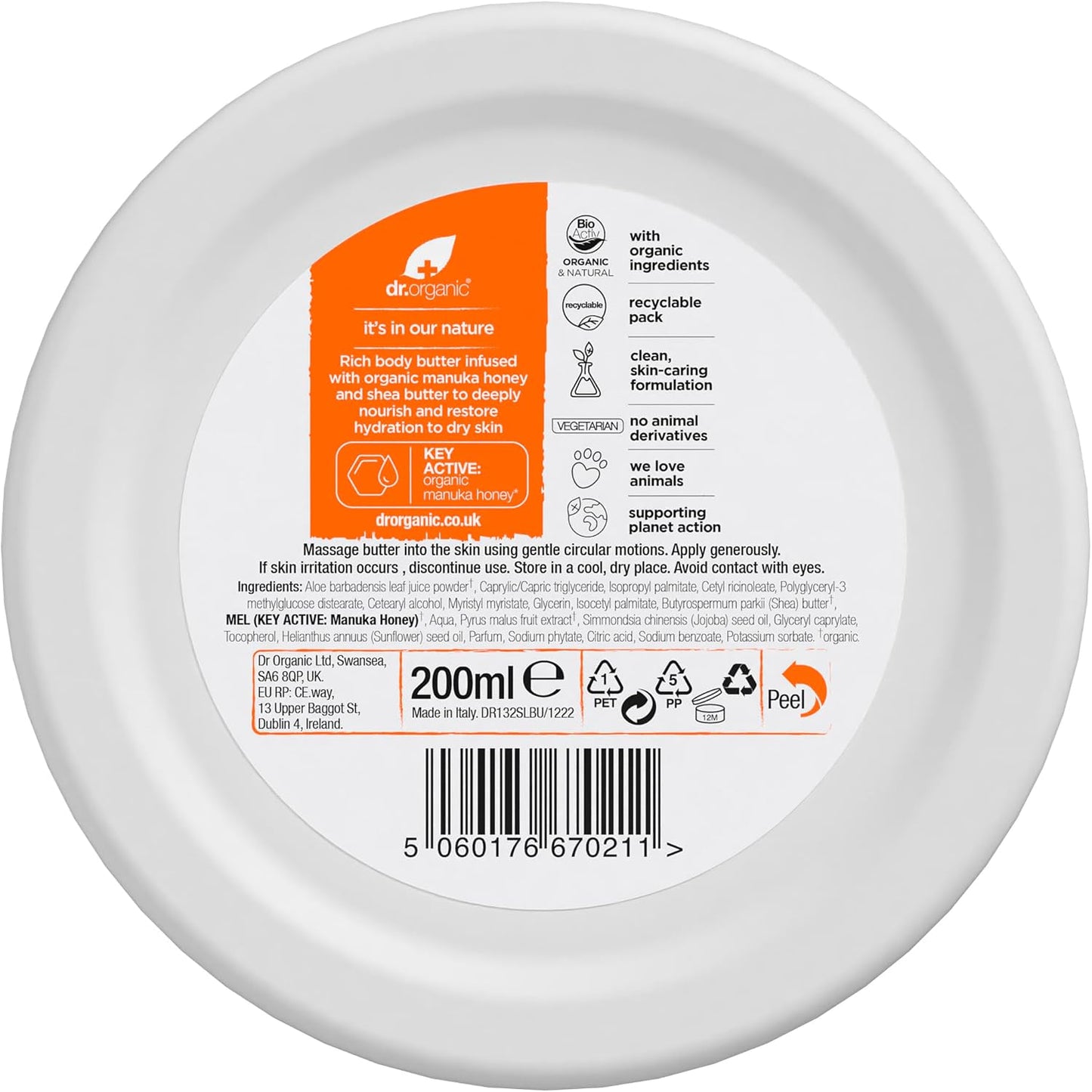 Dr Organic Manuka Honey Body Butter, Moisturising, Dry Skin, Mens, Womens, Natural, Vegetarian, Cruelty-Free, Paraben &amp; SLS-Free, Organic, 200ml