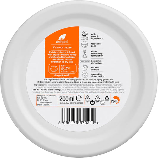 Dr Organic Manuka Honey Body Butter, Moisturising, Dry Skin, Mens, Womens, Natural, Vegetarian, Cruelty-Free, Paraben &amp; SLS-Free, Organic, 200ml