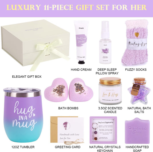 Hug in a Box Pamper Gifts for Women Birthday, Sending Hugs Self Care Package for Her, Relaxation Spa Bath Set Thinking of You Get Well Soon Hamper Present Ideas for Women Best Friend Bestie