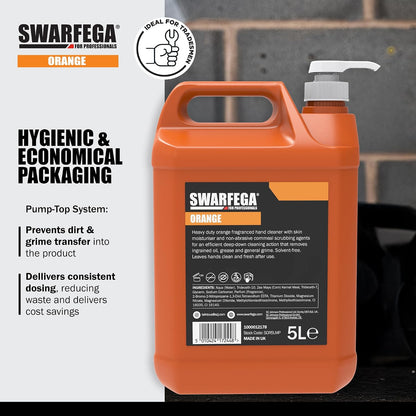 Swarfega Orange Heavy Duty Hand Cleaner 5L, for Trades People with Non‑Abrasive Scrubbing Agents, Against Oil, Grease &amp; Industrial Dirt, Hygienic Pump System, for Professional Use Only