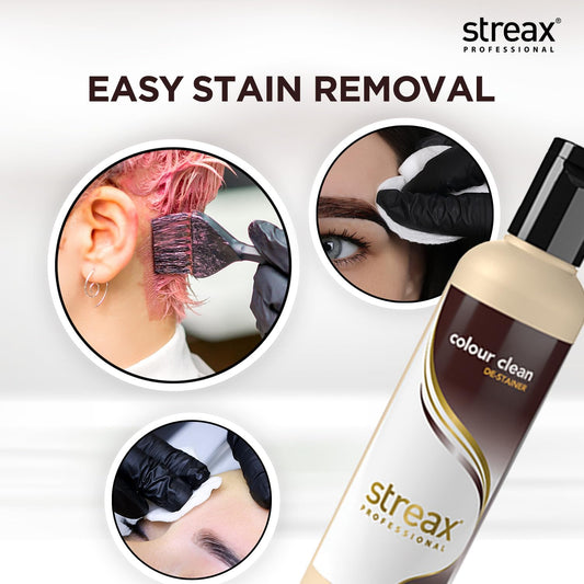 Streax Professional Color Clean Destainer (100ml) gently removes hair color stains from skin. Perfect for salon or home use, it leaves skin clean without irritation after coloring.
