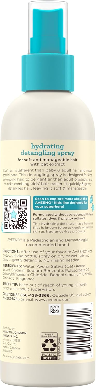 Aveeno Kids Hydrating Detangling Spray with Oat Extract, Quickly &amp; Gently Detangles Kids' Hair, Tear-Free &amp; Suitable for Skin &amp; Scalp, Light Fragrance, Hypoallergenic, 10 fl. Oz
