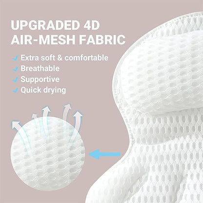 Bath Pillow for Bathtub,Non-SlipBath Pillow Luxury Soft Bathtub Pillows 4D Mesh Foam Tub Pillow Bath Cushion with Anti-Slip Suction Cup Fits All Bathtub, Hot Tub and Home Spa (White)