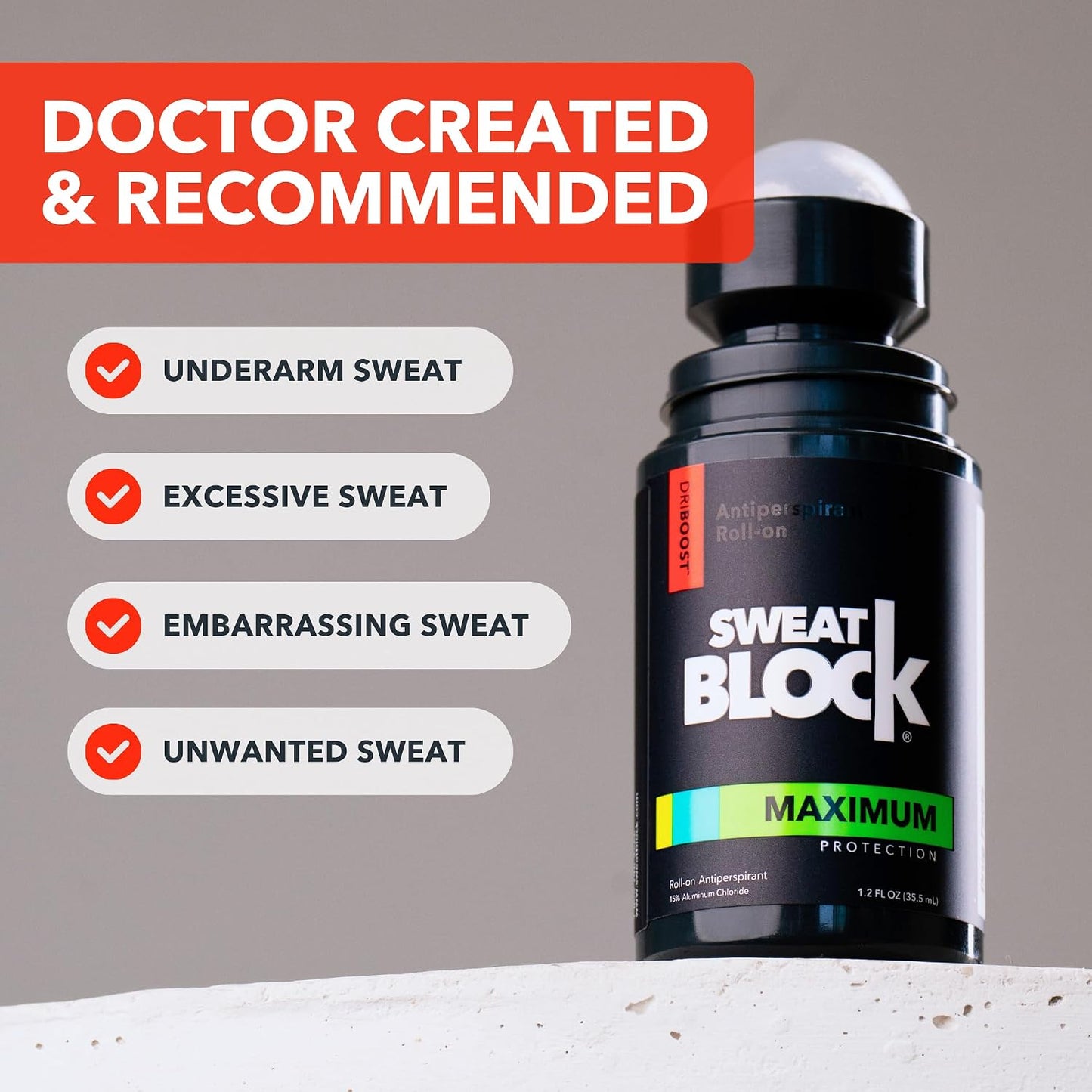 SweatBlock Antiperspirant Roll-on - Maximum Clinical Strength Antiperspirant for Women &amp; Men perfect for Hyperhidrosis, Excessive Sweat, &amp; Odor - Block Sweat for Days Per Use - 1.2 FL OZ