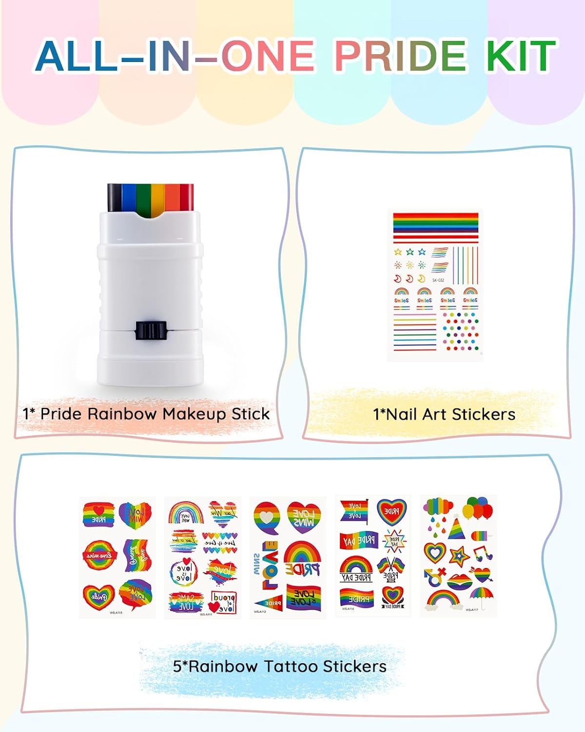 Rainbow Pride Makeup Kit - 1 Reusable Face Paint Sticks (100+ Uses) + 5 Tattoos | Gentle Formula for Sensitive Skin | LGBTQ+ Parade &amp; Festival Essentials