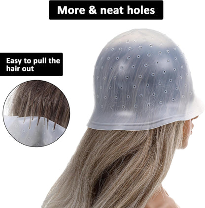 TIESOME Silicone Highlighting Cap with Needles &amp; Brushes, Reusable Punched Hair Cap for Salon &amp; Home Hair Coloring (with 3 Tools Set)