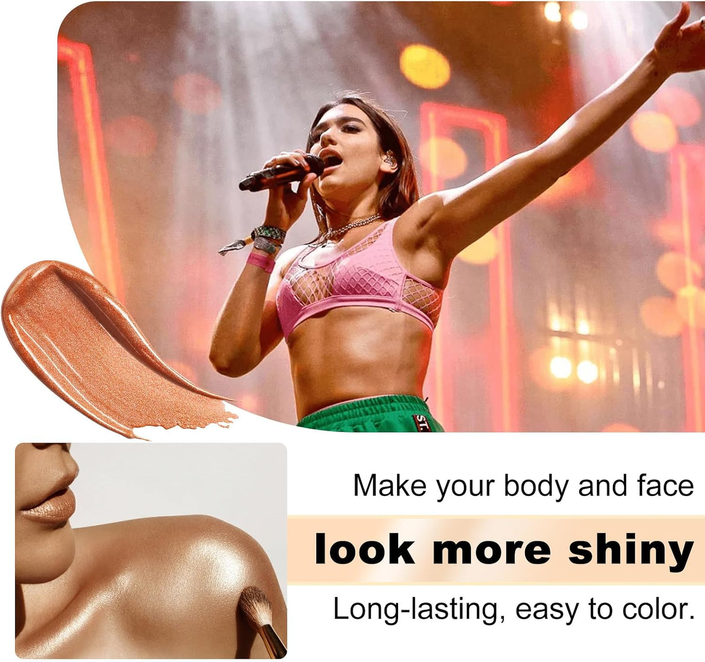 Body Shimmer Oil 100ml, Long Lasting Moisturizing Face &amp; Body Luminizer, Waterproof Liquid Illuminator, Shimmer Glitter Oil Highlighter (Golden Brown)